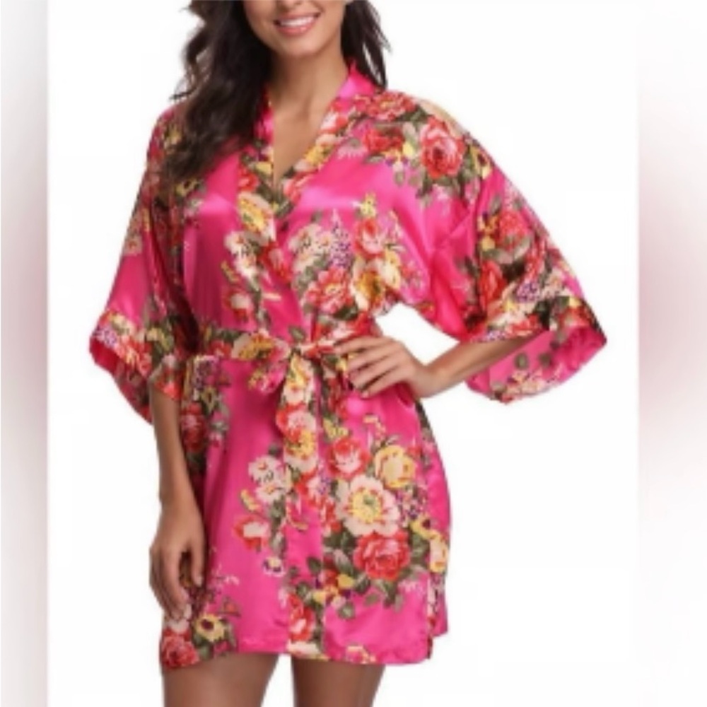 Ms Lovely Hot Pink Baroque Floral Satin Kimono Short Robe XL